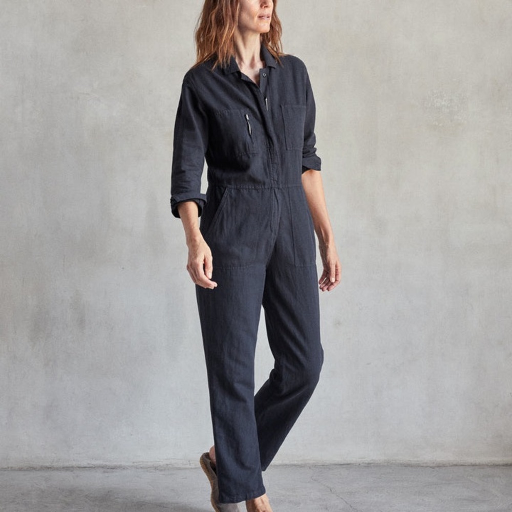 Outerknown Black Jumpsuit with Shirt Collar and Cinched Waist